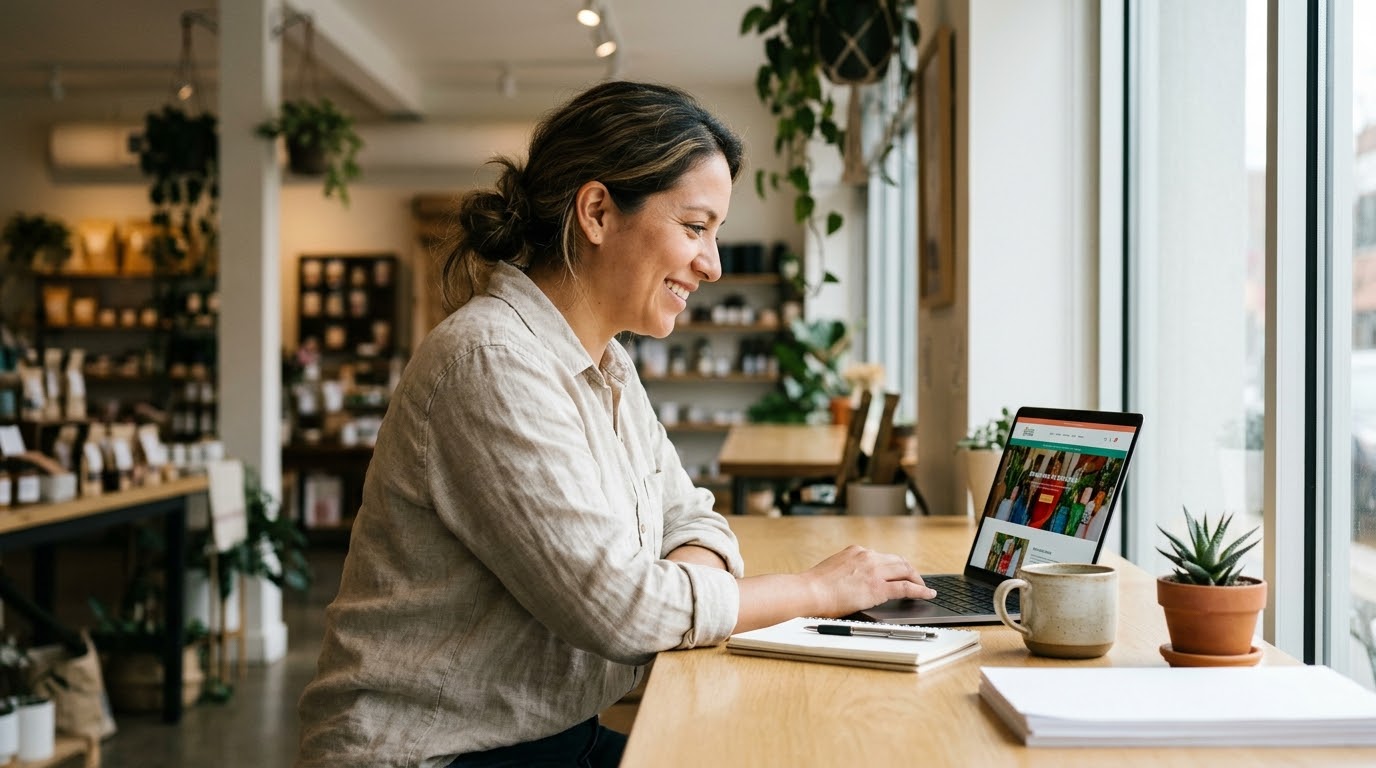 Dueña de negocio revisando su página web