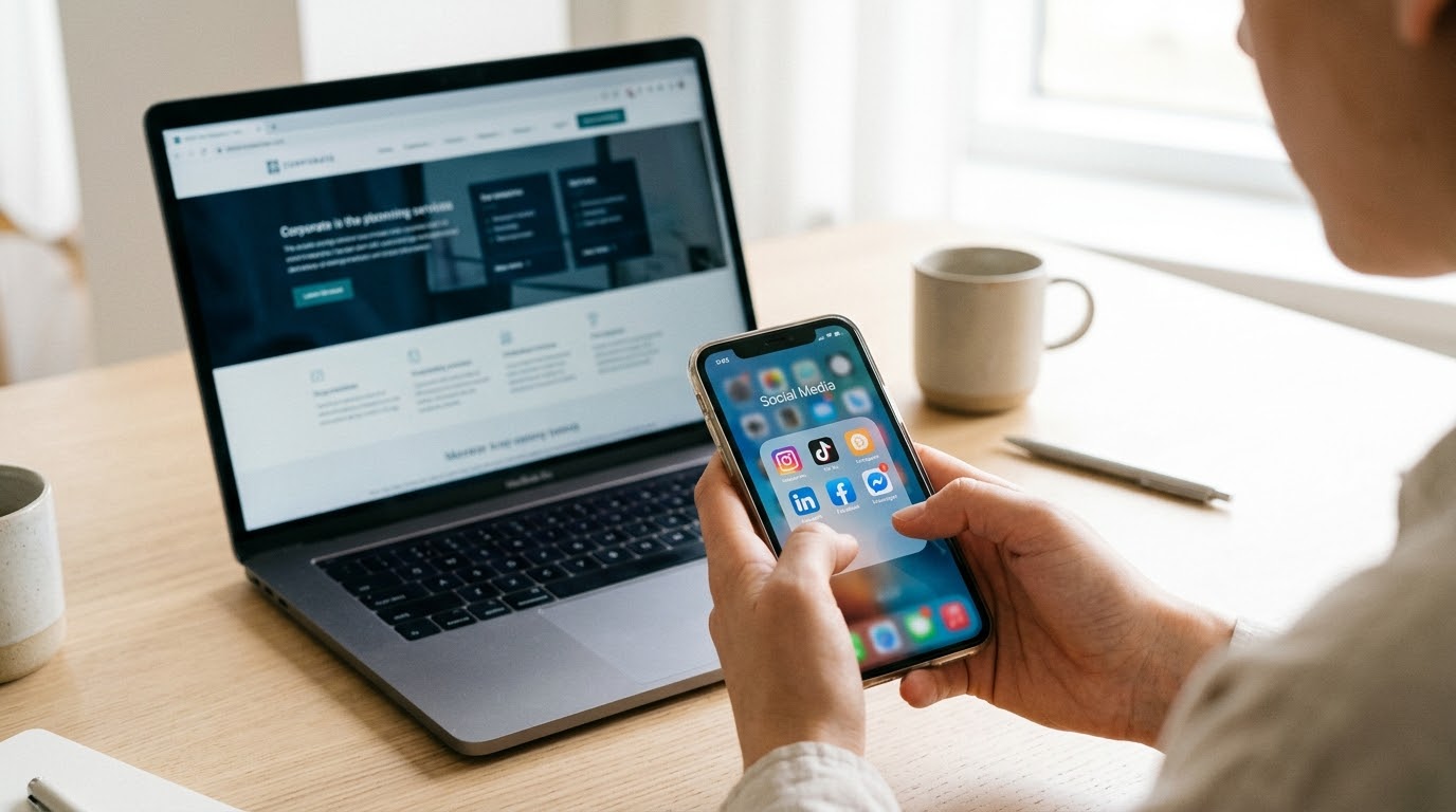 Persona usando laptop y celular con redes sociales